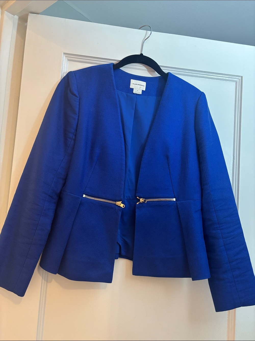 Club Monaco Cobalt Blue Open-Front Blazer with Gold Zips